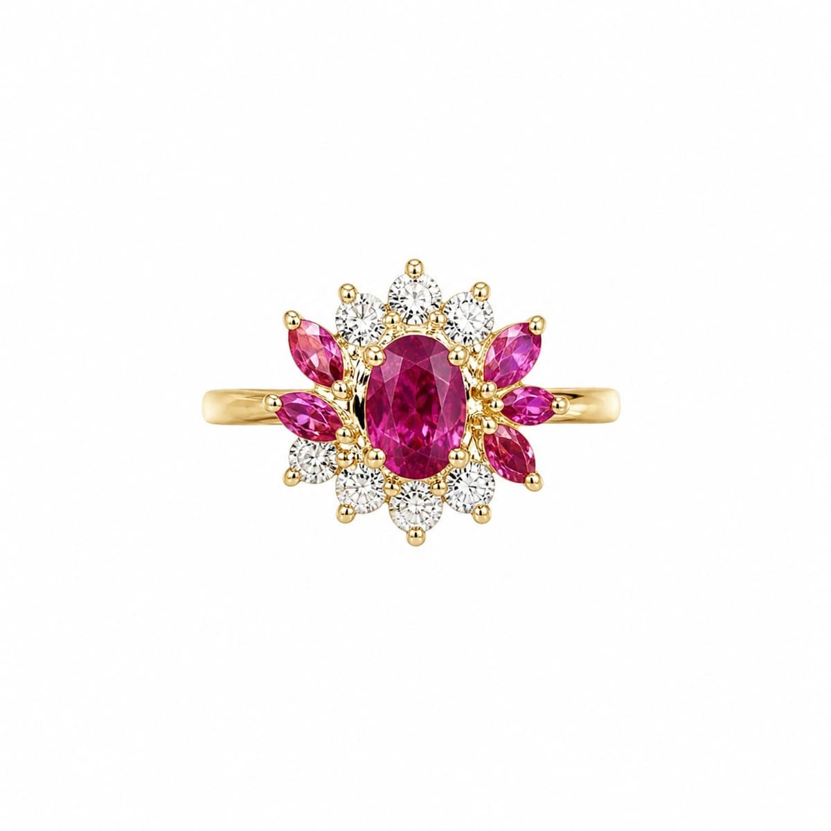Yellow-gold floral ruby cluster ring